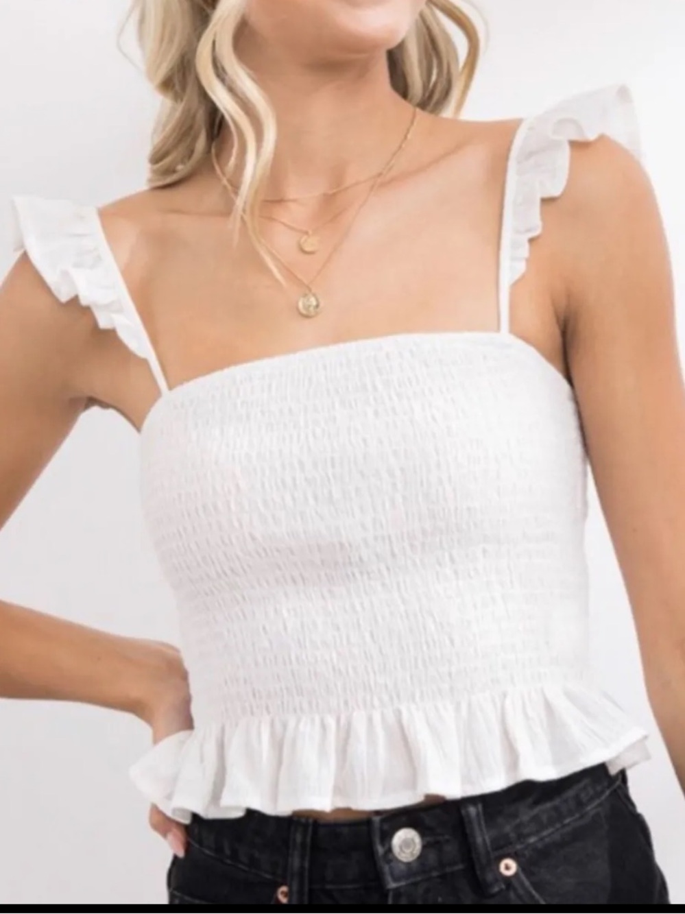 Papermoon White Ruffle Smocked Crop Tank- size small NWT